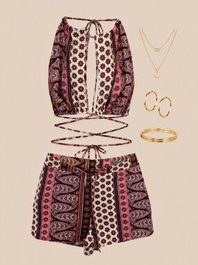 ❤️Printed Tie Halter Top w/ Short Set❤️